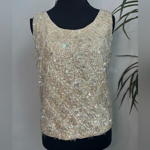 Hand beaded fringe wool tank top cream 
Clear beads scoop neck sleeveless top